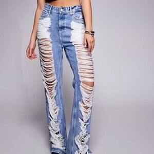 Good American Blue Distressed Flare Jeans